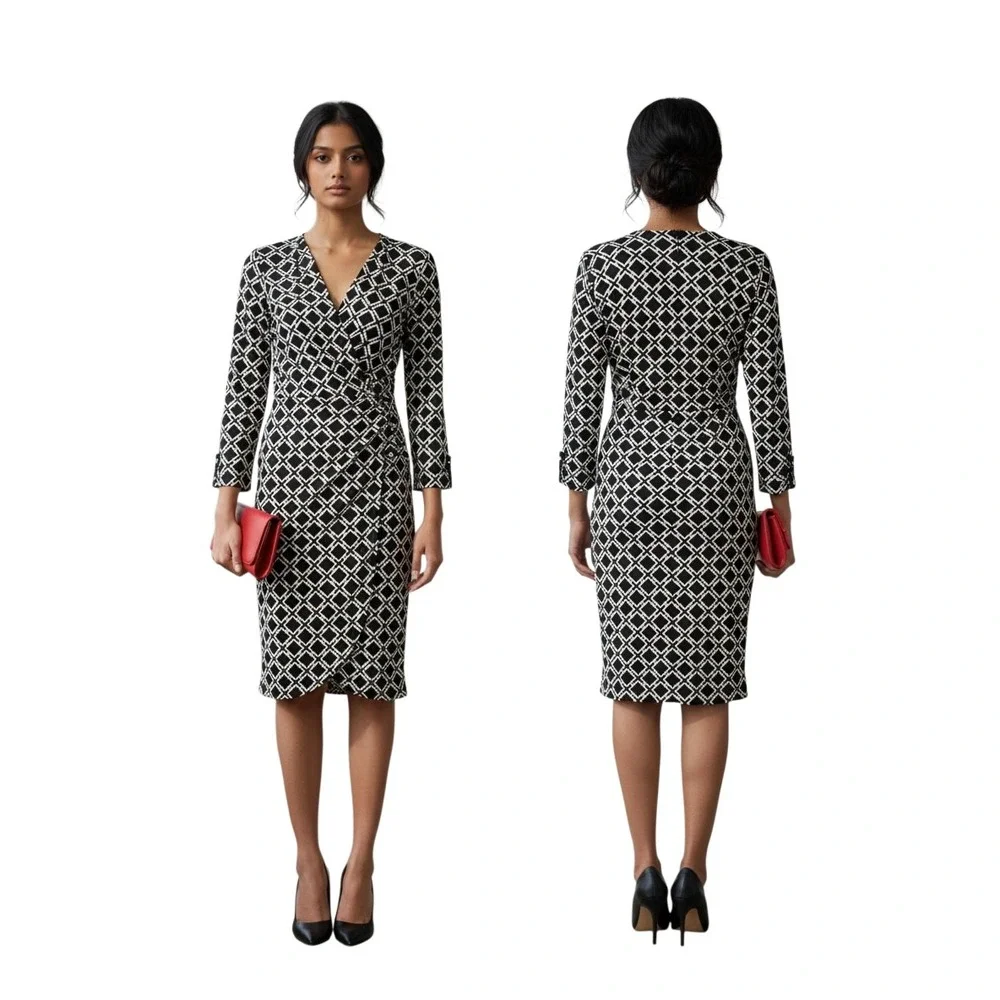 White House Black Market Faux Wrap Dress Black White Geometric 3/4 Sleeve Size 2